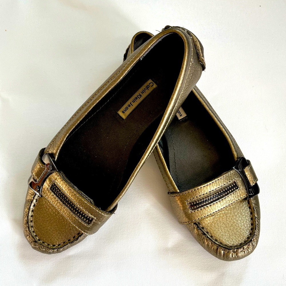Calvin Klein Jeans Gold Loafers with Buckle and zipper detail
